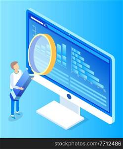 Digital marketing manager with loupe symbol researching computer wireless device. Communication technology with lens and monitor of pc isolated on blue. Professional analysis of laptop vector. Pc Professional Researching with Loupe Vector