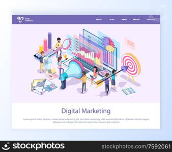 Digital marketing methods vector, people working on broadcasting and targeting, aim and arrow, man and woman in business activities, charts on website or webpage template, landing page flat style. Digital Marketing Workers with Megaphone Website