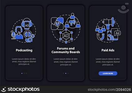 Digital marketing night mode onboarding mobile app screen. Advertise walkthrough 3 steps graphic instructions pages with linear concepts. UI, UX, GUI template. Myriad Pro-Bold, Regular fonts used. Digital marketing night mode onboarding mobile app screen