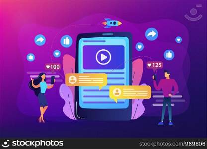 Digital marketing, online advertising, SMM. App notification, chatting, texting. Viral content, internet meme creation, mass shared content concept. Bright vibrant violet vector isolated illustration. Viral content concept vector illustration