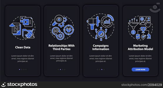 Digital marketing options night mode onboarding mobile app screen. Ads walkthrough 4 steps graphic instructions pages with linear concepts. UI, UX, GUI template. Myriad Pro-Bold, Regular fonts used. Digital marketing options night mode onboarding mobile app screen