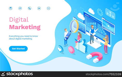 Digital marketing people working with infographics vector. Man and woman dealing with optimization, holding magnifying glass, magnet and likes website. Digital Marketing People Working with Infographics