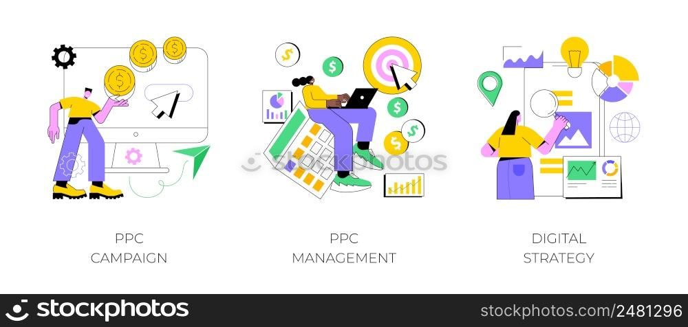 Digital marketing plan abstract concept vector illustration set. PPC campaign management, digital strategy, pay-per-click, internet marketing tools, online ad, targeted promotion abstract metaphor.. Digital marketing plan abstract concept vector illustrations.