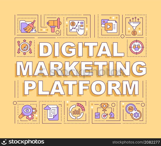 Digital marketing platform word concepts orange banner. Online ads. Infographics with linear icons on background. Isolated typography. Vector color illustration with text. Arial-Black font used. Digital marketing platform word concepts orange banner