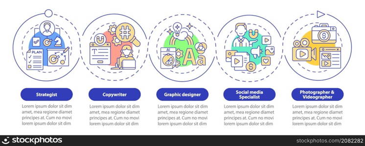 Digital marketing professions blue circle infographic template. Data visualization with 5 steps. Process timeline info chart. Workflow layout with line icons. Myriad Pro-Bold, Regular fonts used. Digital marketing professions blue circle infographic template