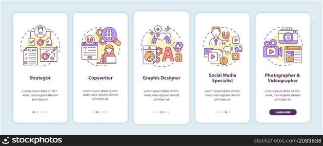 Digital marketing professions onboarding mobile app screen. Specialists walkthrough 5 steps graphic instructions pages with linear concepts. UI, UX, GUI template. Myriad Pro-Bold, Regular fonts used. Digital marketing professions onboarding mobile app screen