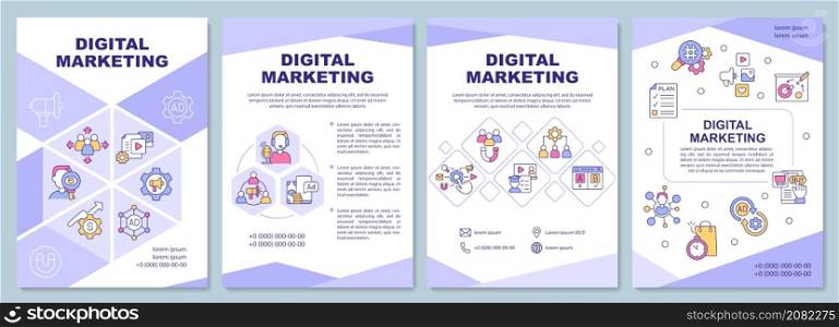 Digital marketing purple brochure template. Internet ads. Booklet print design with linear icons. Vector layouts for presentation, annual reports, ads. Arial-Black, Myriad Pro-Regular fonts used. Digital marketing purple brochure template