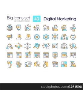 Digital marketing RGB color icons set. Social media. Online advertising. Brand strategy. Lead generation. Isolated vector illustrations. Simple filled line drawings collection. Editable stroke. Digital marketing RGB color icons set