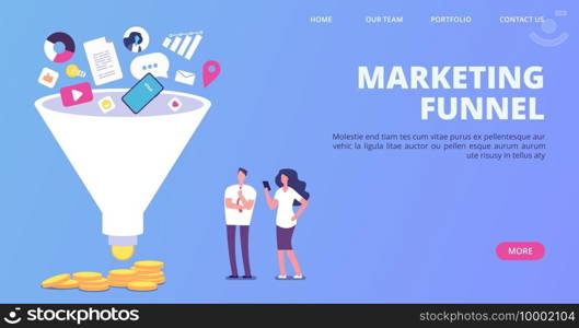 Digital marketing sales funnel. Vector funnel generating sales landing page. Illustration generation social marketing, business strategy. Digital marketing sales funnel. Vector funnel generating sales landing page