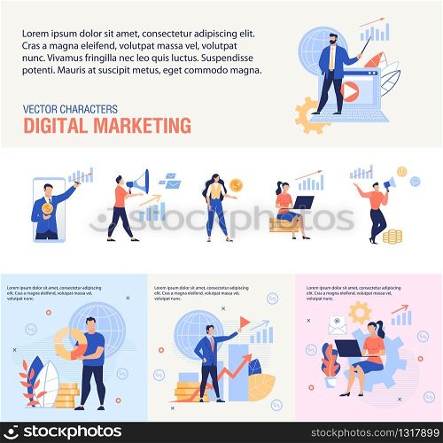 Digital Marketing Service, Business Training Courses or Seminar, E-Commerce Strategy Planning Trendy Flat Vector Advertising Banners, Posters Set with Successful Businesspeople Characters Illustration