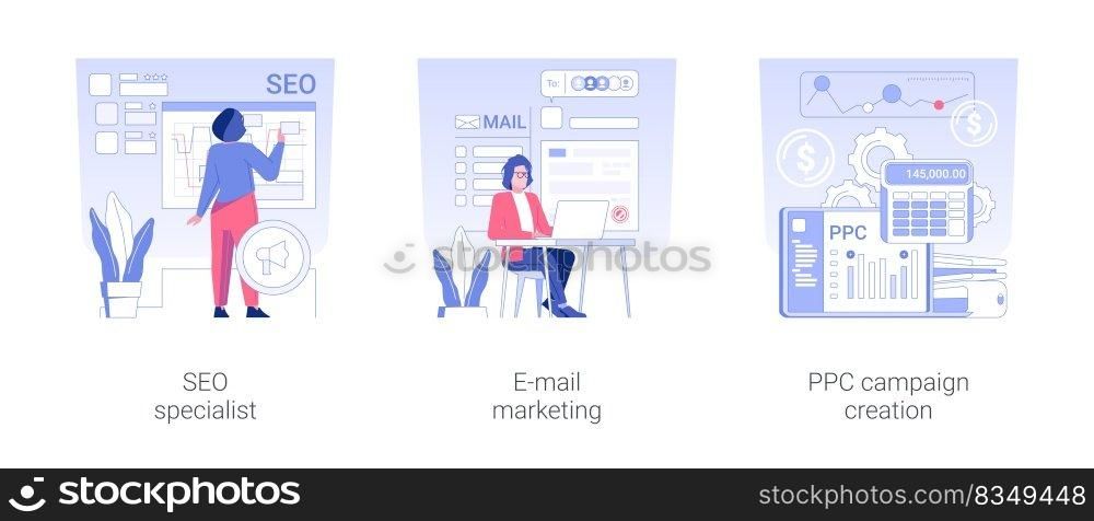 Digital marketing services isolated concept vector illustration set. SEO specialist, E-mail marketing, PPC c&aign creation, context ads, digital marketing, advertising agency vector cartoon.. Digital marketing services isolated concept vector illustrations.