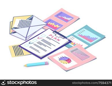 Digital marketing statistics and business planning vector. Graphics and charts or diagrams, message in envelope and notepad with checklist, pencil. Business Planning and Digital Marketing Statistics
