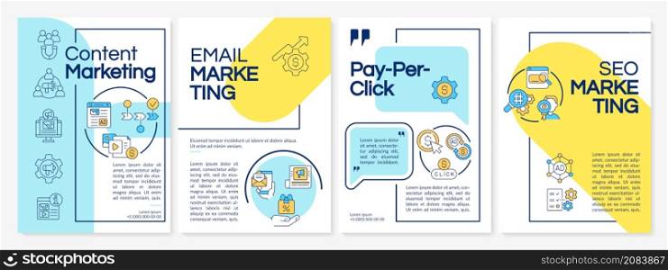 Digital marketing strategies blue and yellow brochure template. Booklet print design with linear icons. Vector layouts for presentation, annual reports, ads. Questrial-Regular, Lato-Regular fonts used. Digital marketing strategies blue and yellow brochure template