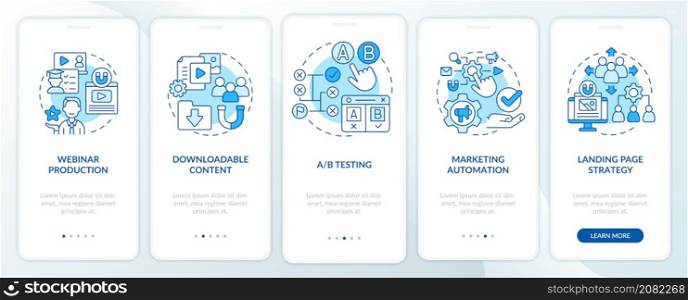 Digital marketing strategies blue onboarding mobile app screen. Online ad walkthrough 5 steps graphic instructions pages with linear concepts. UI, UX, GUI template. Myriad Pro-Bold, Regular fonts used. Digital marketing strategies blue onboarding mobile app screen