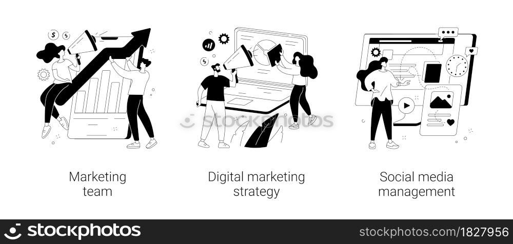 Digital marketing strategy abstract concept vector illustration set. Marketing team, social media management, SMM, brand insight, campaign strategy development, online channels abstract metaphor.. Digital marketing strategy abstract concept vector illustrations.