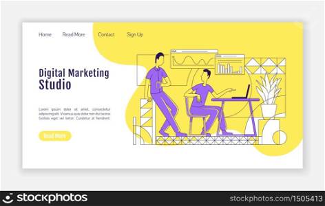 Digital marketing studio landing page flat silhouette vector template. SEO analysis homepage layout. Online advertisement one page website interface with outline characters. Web banner, webpage