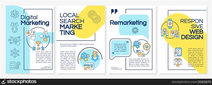 Digital marketing tactics blue and yellow brochure template. Booklet print design with linear icons. Vector layouts for presentation, annual reports, ads. Questrial-Regular, Lato-Regular fonts used. Digital marketing tactics blue and yellow brochure template
