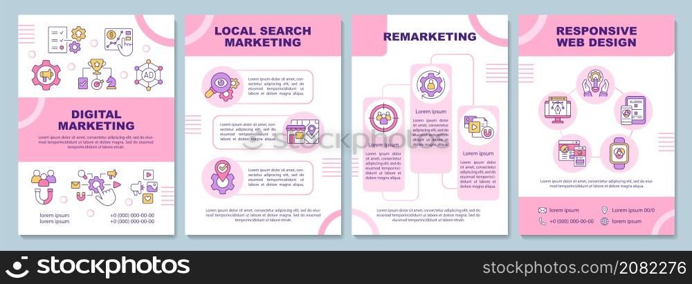 Digital marketing tactics pink brochure template. Promo tools. Booklet print design with linear icons. Vector layouts for presentation, annual reports, ads. Arial-Black, Myriad Pro-Regular fonts used. Digital marketing tactics pink brochure template