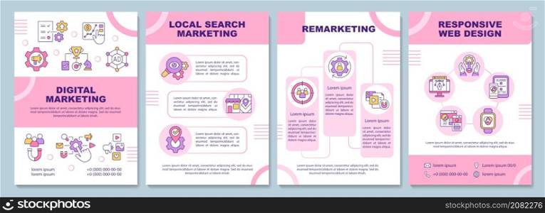 Digital marketing tactics pink brochure template. Promo tools. Booklet print design with linear icons. Vector layouts for presentation, annual reports, ads. Arial-Black, Myriad Pro-Regular fonts used. Digital marketing tactics pink brochure template