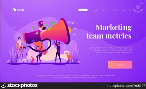 Digital marketing team, marketing team metrics, marketing team lead and responsibilities concept. Website homepage interface UI template. Landing web page with infographic concept hero header image.. Marketing team landing page template.