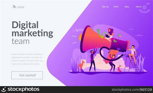Digital marketing team, marketing team metrics, marketing team lead and responsibilities concept. Website homepage interface UI template. Landing web page with infographic concept hero header image.. Marketing team landing page template.