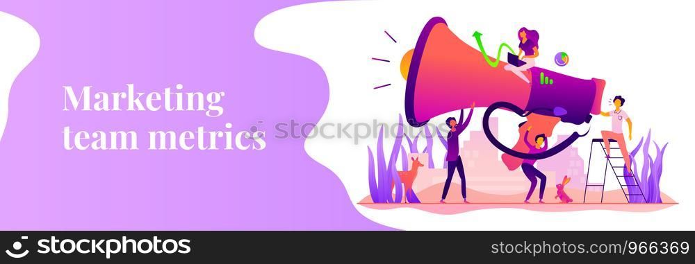 Digital marketing team, marketing team metrics, marketing team lead and responsibilities concept. Vector banner template for social media with text copy space and infographic concept illustration.. Marketing team web banner concept.