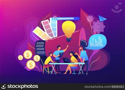 Digital marketing team with laptops and big bulb. Marketing team metrics, marketing team lead and responsibilities concept on ultraviolet background. Bright vibrant violet vector isolated illustration. Digital marketing team concept vector illustration.