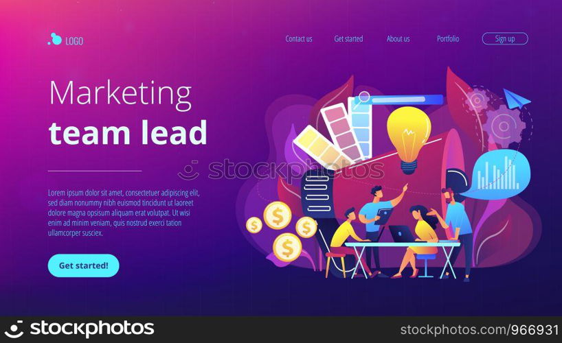 Digital marketing team with laptops and light bulb. Marketing team metrics, marketing team lead and responsibilities concept on white background. Website vibrant violet landing web page template.. Digital marketing team concept landing page.