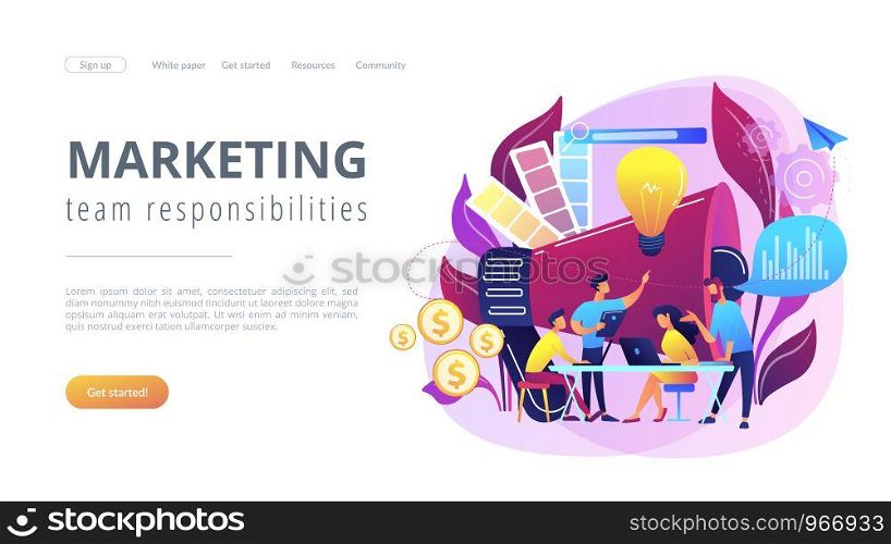 Digital marketing team with laptops and light bulb. Marketing team metrics, marketing team lead and responsibilities concept on white background. Website vibrant violet landing web page template.. Digital marketing team concept landing page.
