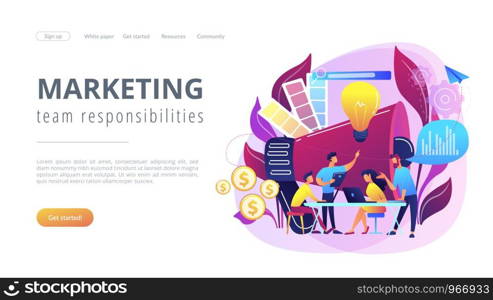 Digital marketing team with laptops and light bulb. Marketing team metrics, marketing team lead and responsibilities concept on white background. Website vibrant violet landing web page template.. Digital marketing team concept landing page.