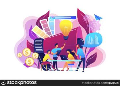 Digital marketing team with laptops and light bulb. Marketing team metrics, marketing team lead and responsibilities concept on white background. Bright vibrant violet vector isolated illustration. Digital marketing team concept vector illustration.