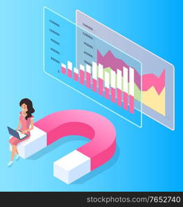 Digital marketing technology professional worker communicating with laptop. Magnet symbol and graph report on blue. Employee professional work with computer wireless device and chart icon vector. Seo Specialist Working with Pc and Chart Vector