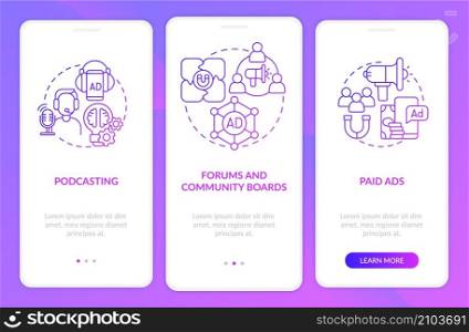 Digital marketing ways purple gradient onboarding mobile app screen. Ads walkthrough 3 steps graphic instructions pages with linear concepts. UI, UX, GUI template. Myriad Pro-Bold, Regular fonts used. Digital marketing ways purple gradient onboarding mobile app screen