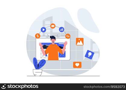 Digital marketing web concept with character scene. Man creating viral video and different content for advert. People situation in flat design. Vector illustration for social media marketing material.