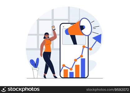 Digital marketing web concept with character scene. Woman creating different advert content, analyzing data. People situation in flat design. Vector illustration for social media marketing material.