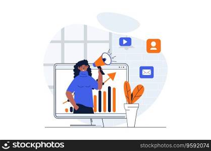 Digital marketing web concept with character scene. Woman with megaphone making advertising campaign online. People situation in flat design. Vector illustration for social media marketing material.