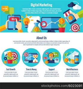 Digital Marketing Web Site. One page of digital marketing web site with titles and color icons about different methods of financial growth