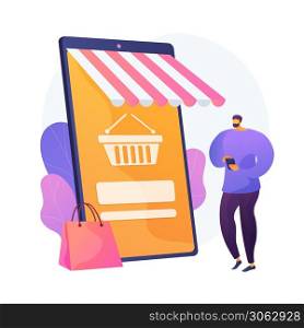 Digital marketplace application. Remote business. E commerce, internet store, mobile market. Customer using smartphone cartoon character. Vector isolated concept metaphor illustration. Online shopping vector concept metaphor