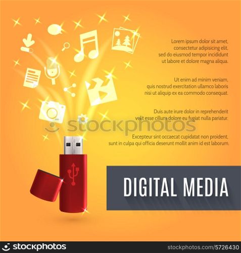 Digital media background with realistic usb flash drive vector illustration