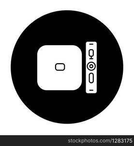 Digital media player glyph icon. TV, stereo, home theater system. Entertainment product. Video game console. Gadget for playing videos. Technology. Vector white silhouette illustration in black circle