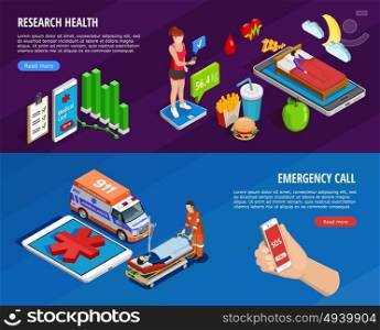 Digital Medical Isometric Horizontal Banners. Digital medical isometric horizontal banners with the state of health monitoring by modern technologies vector illustration