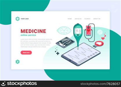 Digital medicine concept banner or landing page with online service description links and button vector illustration