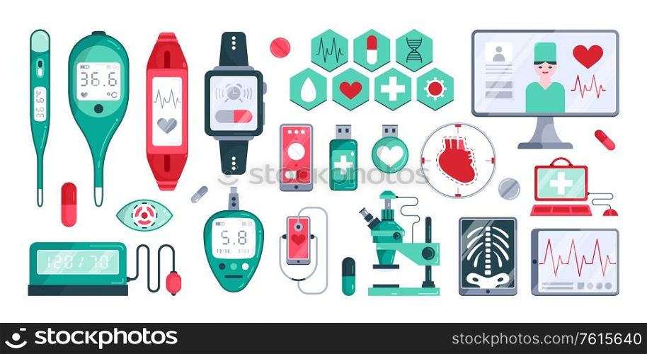 Digital medicine horizontal icon set with thermometer tonometer ultrasound x ray monitor vector illustration