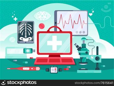 Digital medicine illustration with doctors desk monitor and professional equipment and tools vector illustration