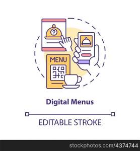 Digital menus concept icon. E commerce service. Touchless system abstract idea thin line illustration. Isolated outline drawing. Editable stroke. Roboto-Medium, Myriad Pro-Bold fonts used. Digital menus concept icon