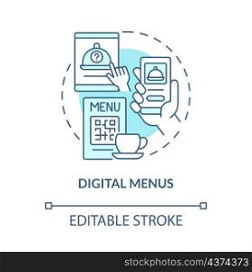 Digital menus turquoise concept icon. E commerce service. Touchless system abstract idea thin line illustration. Isolated outline drawing. Editable stroke. Roboto-Medium, Myriad Pro-Bold fonts used. Digital menus turquoise concept icon