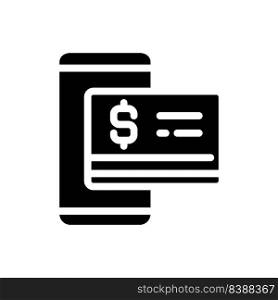 Digital money black glyph icon. Mobile banking. Contactless credit card. Virtual currency. Performing cash transactions. Silhouette symbol on white space. Solid pictogram. Vector isolated illustration. Digital money black glyph icon
