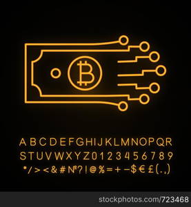 Digital money neon light icon. Bitcoin. Cryptocurrency. E-payment. Glowing sign with alphabet, numbers. Paper money with chipset pathway. Crypto currency. E-money. Vector isolated illustration. Digital money neon light icon