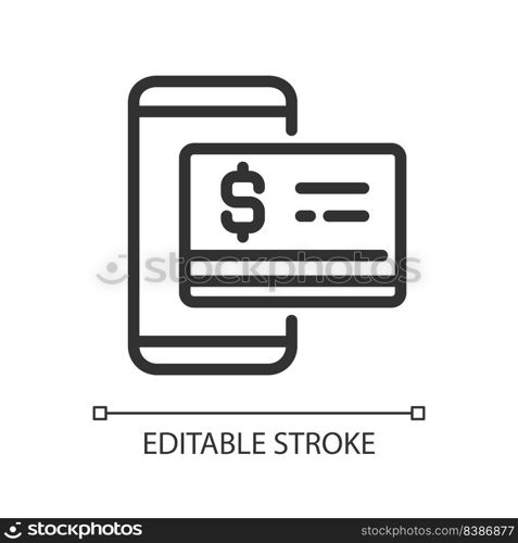 Digital money pixel perfect linear icon. Mobile banking. Contactless credit card. Virtual currency. Thin line illustration. Contour symbol. Vector outline drawing. Editable stroke. Arial font used. Digital money pixel perfect linear icon