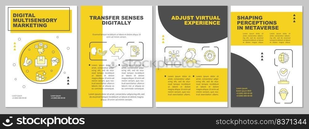 Digital multi sensory advertising yellow brochure template. Metaverse. Leaflet design with linear icons. Editable 4 vector layouts for presentation, annual report. Arial, Myriad Pro-Regular fonts used. Digital multi sensory advertising yellow brochure template